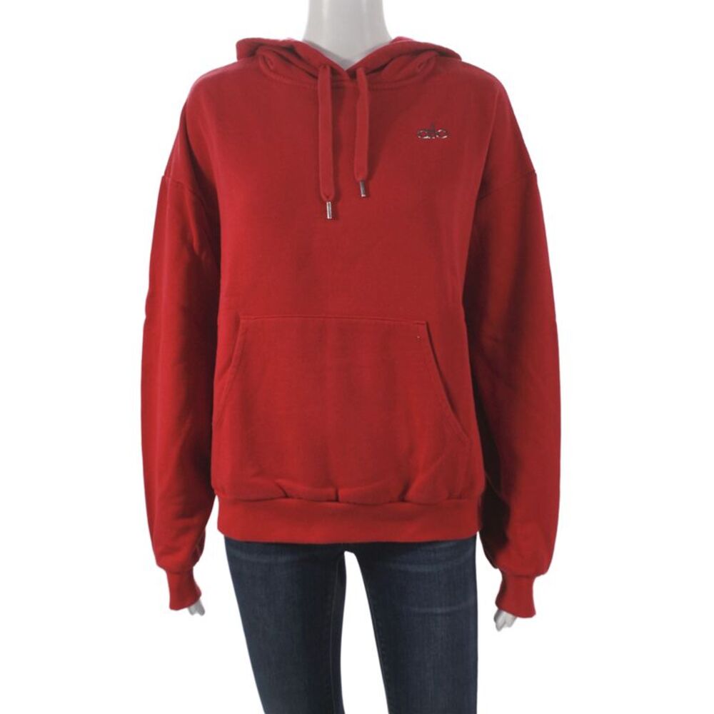 Alo Womens Pullover Hoodie Red Crewneck Drawstring Long Sleeve Size S